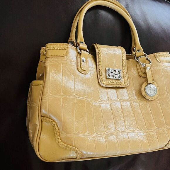 Vintage Bueno Embossed Croc Faux Leather Satchel Bag Purse Duffel Tan Camel Fob - Picture 4 of 14